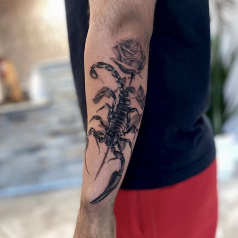 Scorpion Tattoo On Arm, Scorpion Forearm Tattoo, Scorpion Tattoo Leg, Scorpion Rose Tattoo, Scorpion Flower Tattoo, Scorpion Tattoo For Men, Leg Tats, Arm Tattoos For Guys Forearm, Scorpio Tattoo