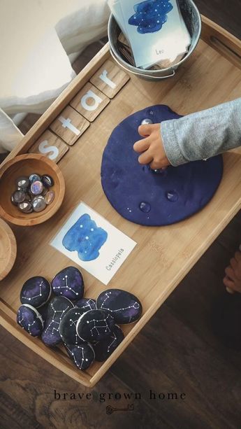 Constellation Crafts Preschool, Space Sensory Table, Space Sensory Play, Constellation Activities For Kids, Galaxy Activities, Space Sensory Activities, Galaxy Dough, Constellations For Kids, Space Sensory Bin