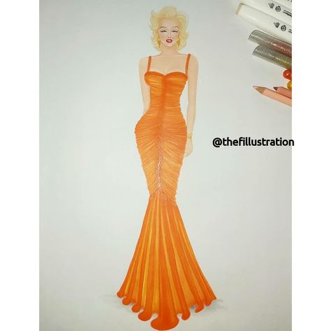 Illustration of Marilyn monroe's look in the movie "gentlemen prefer blondes". Stunning orange dress designed by american costume designer William Travilla 🧡 Marylin Monroe Orange Dress, Marilyn Monroe Orange Dress, Marilyn Monroe Orange, Marylin Monroe Dress, William Travilla, American Costume, Monroe Dress, Gentlemen Prefer Blondes, Prom Dress Ideas