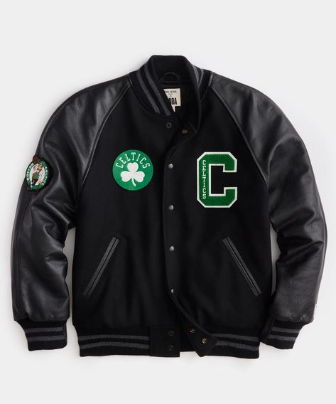 Todd Snyder x NBA Celtics Varsity Jacket Celtics Jacket, Outfits Sporty, Letterman Jackets, Trim Design, Sports Team Logos, Todd Snyder, Leather Sleeves, Letterman Jacket, School Fits