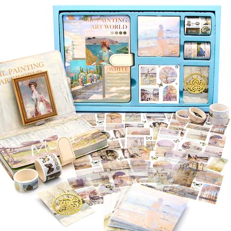 PRICES MAY VARY. 💙[LARGE AESTHETIC SCRAPBOOK KIT] Each kit contains a gorgeous gift box(13*8.7 inches). Contains a premium B6 oil painting aesthetic style notebook, a full color inside page, and 3D title page. 20-sheet Washi & transparent PET stickers(3.15*3.15in). 100 sheets of non-adhesive notepaper with 5 designs(3.15*3.15in). Washi tape: 2*10mm+2*15mm+1*20mm+1*30mm. A gold metal bookmark. If you are a DIY journaling beginner or lover, then this scrapbooking supplies can satisfy all your bas Journaling Beginner, Daily Planner Diy, Diy Journaling, Aesthetic Scrapbook, Art Bases, Craft Journal, Scrapbook Journaling, Adventure Journal, Journaling Kit