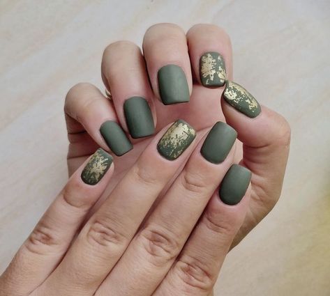 100+ Gorgeous Nail Art Designs To Try In 2022-2023 - Pyaari Weddings Matte Green Dip Nails, Short Nail Designs Olive Green, Short Nails Olive Green, Olive Green Manicure Ideas, Matte Green With Gold Nails, Matte Olive Green Nails Short, Dark Green Fall Nails Matte, Matt Green Nails With Gold, Green Gold Short Nails