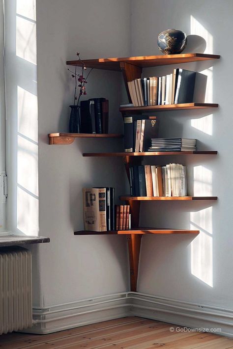 Shelves For Books Wall, Corner Library Nook, Bookshelves In Corner, Bookshelves Ideas Living Room, Corner Bookshelf Ideas, Corner Room Decor, Book Shelf Corner, Small Bookshelf Ideas, Wall Shelves Corner