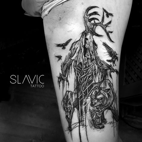 Sleipnir Tattoo, Leshy Tattoo, Slavic Mythology Tattoo, Cryptid Tattoos, Fantasy Stag, Wendigo Tattoo, March Tattoo, Witcher Tattoo, Slavic Tattoo