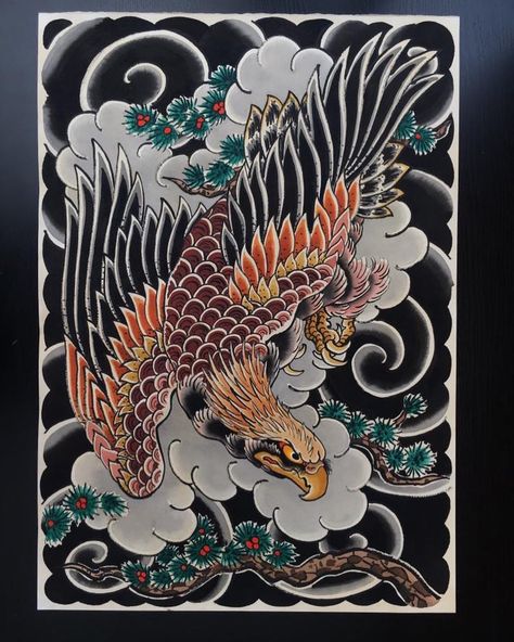 No photo description available. Hawk Painting, Quetzalcoatl Tattoo, Foo Dog Tattoo, Tattoo Japanese Style, Hawk Tattoo, Skull Art Tattoo, Dragon Tattoo Art, Garden Tattoo, Ancient Japanese Art