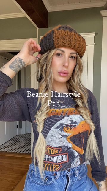 Beanie Hairstyles Long, Bohemian Beanie One Size Fits All, One Size Bohemian Beanie, Bohemian Cream Beanie Hat, Bohemian Beanie One Size, Hairstyles With Beanies, Beanie Hairstyles, Easy Hair Tutorials, One-size Bohemian Beanie