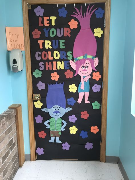 Trolls Door Decorations Classroom, Colors And Shapes Door Decorations, Trolls Bulletin Board Ideas, Trolls Classroom Theme, Developmental Preschool, Counselor Door, Teacher Appreciation Doors, Toddler Projects, Teacher Door Signs