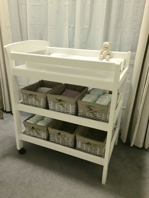 Love n Care Changer table with rustic baskets from kmart australia Changing Table Organization Baskets, Peach Baby Nursery, Kmart Style, Kmart Decor, Kmart Australia, Changing Table Organization, Rustic Baskets, Baby Changing Table, Baby Nursery Themes