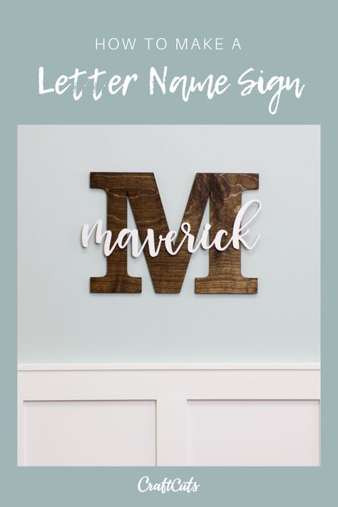 Decorate a nursery or kids room with a custom Letter Name Sign. Our Monogram Name Kit makes it easy to create a unique sign for any room. | CraftCuts.com Name Signs Diy, Diy Wooden Name Signs Nursery Decor, Wood Wall Decor Diy, Wooden Letters Diy, Cricut Wood Name Cutout, Wooden Name Signs Nursery Cricut, Wooden Letter Name Ideas Wall Decor, Wood Monogram Letters, Cursive Wood Name Sign