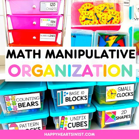 Effortless Math Manipulatives Organization in the K-2 Classroom Classroom Table Organization, Classroom Manipulatives, Math Manipulative Labels, Math Manipulative, Table Organization, Classroom Table, Line Math, Math Tubs, 120 Chart