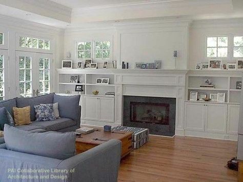 Fireplace With Small Windows On Each Side, Craftsman Shelves, Fireplace In Corner, Craftsman Bookcase, Fireplace Bookcase, Built In Around Fireplace, Corner Tv Cabinets, Fireplace Windows, Family Room Addition