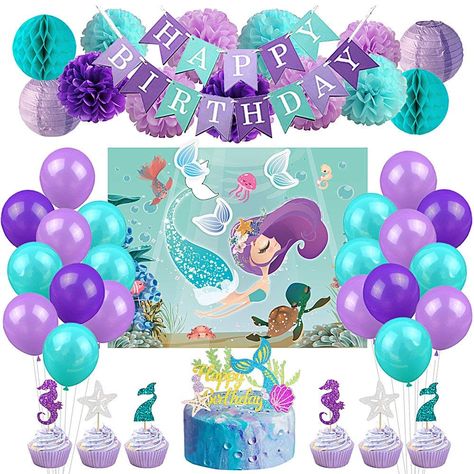 The vibrant color combination of purple, lavender, tiffany blue suitable for girls birthday party, mermaid theme party decorations, mermaid under the sea party, and any special events and festivals. Mermaid Cupcake Toppers, Mermaid Birthday Decorations, Mermaid Balloons, Mermaid Party Supplies, 16th Birthday Decorations, Mermaid Theme Birthday Party, Mermaid Cake Topper, Girls Party Decorations, Mermaid Party Decorations