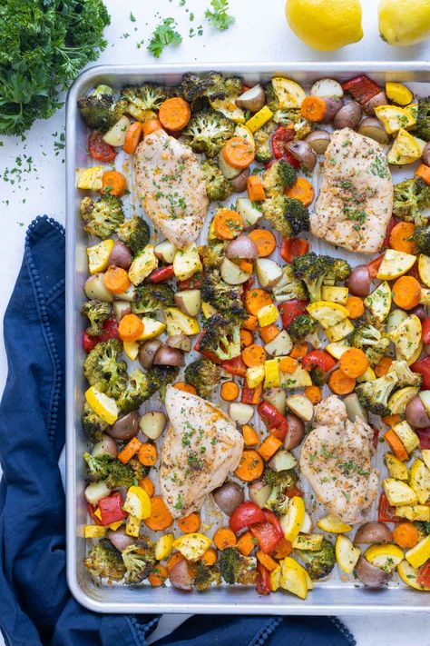 Sheet Pan Chicken and Veggies Sheet Pan Chicken And Veggies, Pan Chicken And Veggies, Sheet Pan Dinners Healthy, Easy Sheet Pan Chicken, Sheet Pan Dinners Chicken, Chicken And Veggies, Sheet Pan Chicken, One Pan Chicken, Healthy Weeknight Dinners