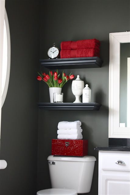 The Yellow Cape Cod: My Powder Room Makeover Reveal~And a Giveaway! Red Bathroom Ideas, Magic Decor, Red Bathroom Decor, Shelves Above Toilet, Red Bathroom, Bathroom Red, White Shelves, Room Shelves, Trendy Bathroom