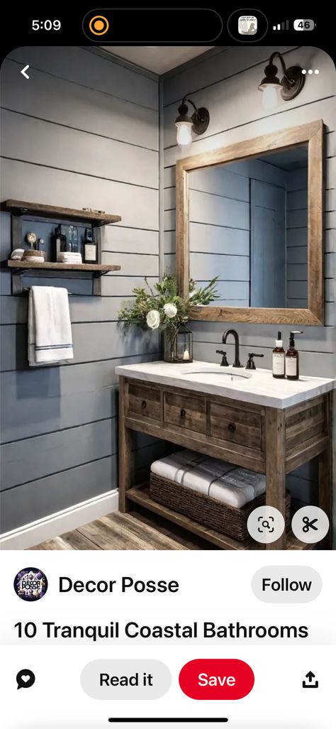 Guy Bathroom Ideas, Ship Lapped Bathroom, Guy Bathroom, Gray Shiplap, New House Bathroom, Dark Tile, Coastal Bathrooms, Diy Bathroom Remodel, House Bathroom