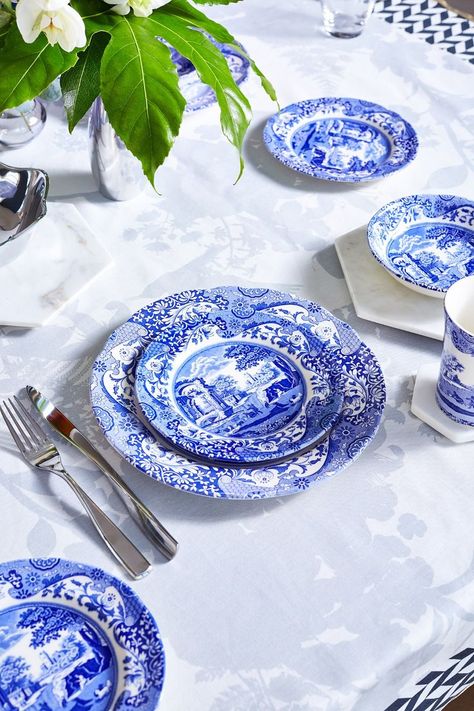 Spode Blue Italian 20 Piece Tableware Set | Spode Blue And White Spode, Blue Dinning Room, Spode Blue Italian, Blue And White Dinnerware, Italian Dinnerware, Italian Cafe, Blue Dishes, Dinner Party Table, Blue White Decor