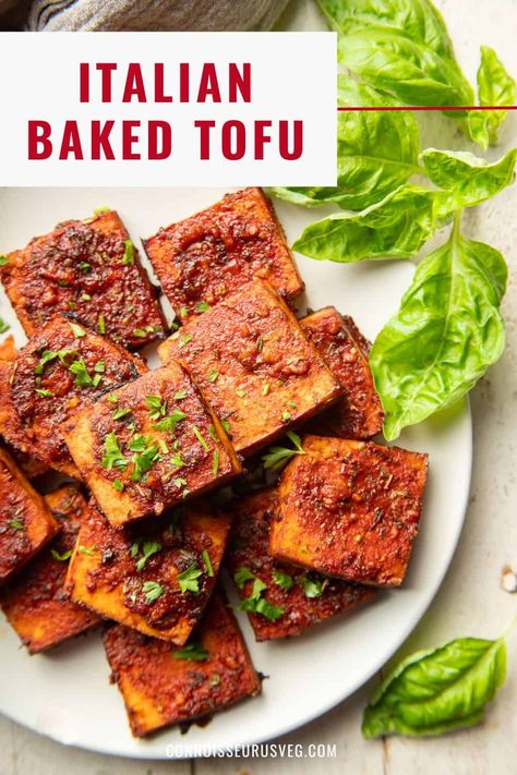 This Italian tofu is marinated in a zesty tomato herb sauce and baked to perfection! It's full of flavor and perfect for pairing with pasta, stuffing in a sandwich, or piling on a salad. Italian Tofu, Italian American Food, Healthy Vegan Dinner Recipes, Bbq Tofu, Healthy Vegan Dinner, Kidney Friendly Foods, Yum Recipes, Tofu Dishes, Herb Sauce