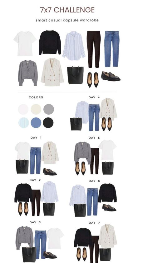 7x7 Challenge, Minimalist Wardrobe Capsule, Capsule Wardrobe Women, Classic Capsule Wardrobe, Capsule Wardrobe Outfits, Airplane Essentials, Fashion Capsule Wardrobe, Business Casual Outfits For Work, Clothes And Shoes