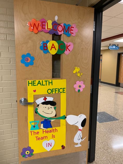 School Health Bulletin Boards Nurses, School Clinic Door Decorations, School Nurse Fall Bulletin Boards, Elementary Nurse Office Decor, School Nurse Door Decoration Ideas, School Health Office Decor, School Nurse Bulletin Board Ideas, Elementary Nurse Office, Science Door Decorations