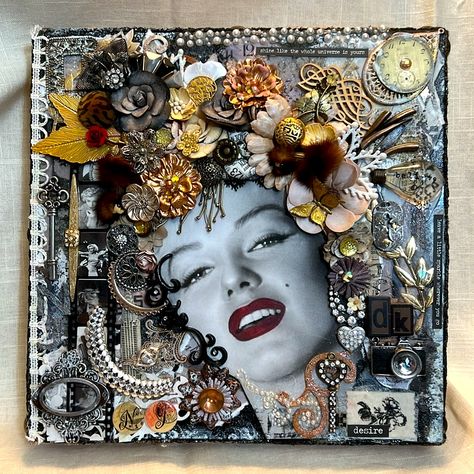 Marilyn Monroe Wall Art This Artwork That I Created Was Made By Using Many Types Of Mediums. It Is Adorned With Vintage Jewelry Pieces Such As A Mink Broaches, Watch Face, Parts Of Necklaces, Earrings And Embellished With Vintage Style Finds. If You Look Closely At The Photos You Will See Photos Of Marilyn, Norma Jean Initials, A Camera And Words That Would Have Related To Her. My Initials, Dk It Truly Sparkles Like Marilyn Did. This Piece Measures 12” X 12” Depth Is 2 1/2” Has Burlap Wrapped Ar Garbage Art, Marilyn Monroe Wall Art, Assemblage Art Mixed Media, Fun Crafts For Teens, 2023 Crafts, Face Parts, Jewerly Art, Jeweled Picture, Old Jewelry Crafts