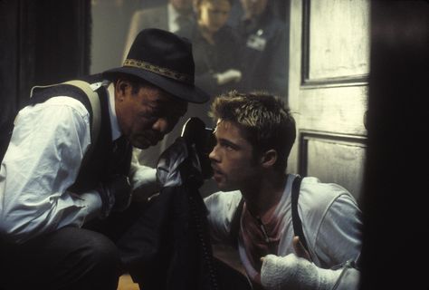 Morgan Freeman as Detective Somerset, and Brad Pitt as Detective Mills [Se7en, 1995] Seven 1995, Se7en 1995, Film Seven, Psychological Thriller Movies, Seven Movie, Dr Dolittle, Hidden Movie, Robert Duvall, David Fincher