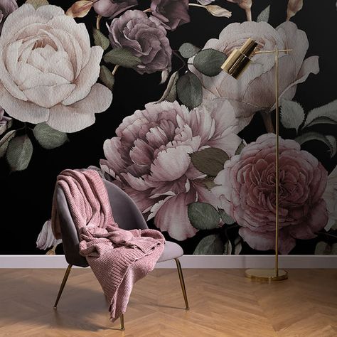 Purple & Pink Dark Floral Wallpaper Mural - Hovia Flower Wallpaper Bedroom, Bedroom Wallpaper Murals, Kids Room Murals, Floral Room, Painted Background, Rose Wall, Kids Room Wallpaper, Background Wall, Wallpaper Living Room