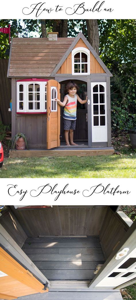 Playhouse Platform Diy, Diy Deck For Playhouse, Playhouse Porch Ideas, Playhouse In Backyard, How To Build Playhouse, Platform For Playhouse, Playhouse Add Ons, Playhouse On Platform, Outdoor Playhouse Area