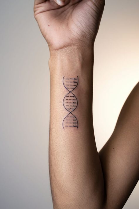 A tiny, simple DNA helix tattoo on the wrist is perfect for women who prefer subtle designs. The clean, thin lines make it delicate and easy to hide if needed. This minimalist tattoo showcases your love for science without being too bold. Dna Helix Tattoo, Small Science Tattoos, Dna Tattoo Ideas, Neuroscience Tattoo, Helix Tattoo, Dopamine Tattoo, Tattoo On The Wrist, Dahlia Tattoo, Science Tattoos