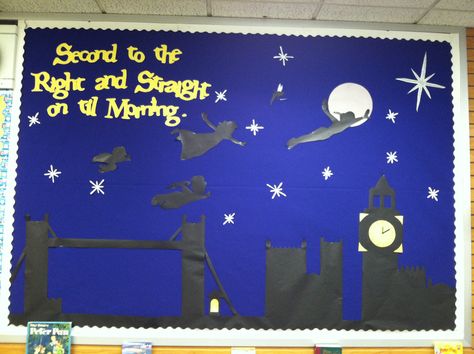 peter pan bulletin board Peter Pan Bulletin Board Ideas, Fairy Tail Bulletin Board Ideas, Peter Pan Bulletin Board, Peter Pan Themed Classroom, Pixar Bulletin Board Ideas, Disney Themed Reading Bulletin Board, Peter Pan Musical, Disney Bulletin Boards, Photo Display Board