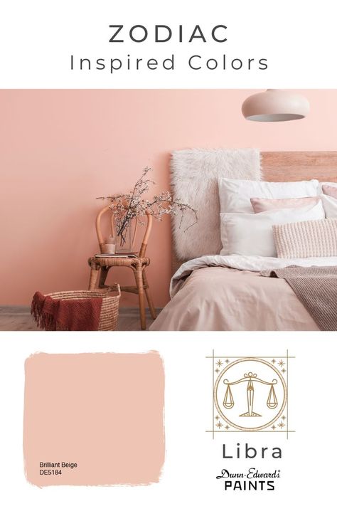 It is Libra Season! If you are a Libra, become inspired by this personalized Zodiac color. Brilliant Beige (DE5184) can be utilized to energize any space. Get creative while showing love to your zodiac sign and representing your zodiac spirit! #myDEcolor #DEpaints #Dunnedwards #Zodiaccolors #Zodialibra #Librasign #pinkpink #Bedroom #Interiordesign #Inteiorcolors Libra Bedroom, Zodiac Signs Colors, Libra Color, Inspiration Designs, Color Palette Ideas, Libra Season, Showing Love, Palette Ideas, Paint Color Palettes