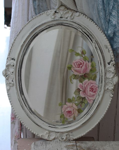 Hand painted Roses Mirror-Hand painted roses mirror, antique wall art, vintage mirror, joanne coletti Vintage Mirror Painting, Flower Painting On Mirror, Paint Mirror Ideas, Vintage Room Diy, Acrylic Painting On Mirror, Painting In Mirror, Rose Painting Aesthetic, Painting On Mirrors Ideas, Painting Mirror Ideas