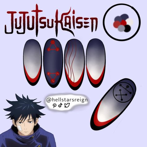 Megumi Nails Jjk, Choso Jjk Nails, Jjk Inspired Nails, Jjk Nail Ideas, Jjk Nails Designs, Jujutsu Kaisen Nails Acrylic, Megumi Nails, Jujutsu Kaisen Nails Design, Jujitsu Kaisen Nail Art