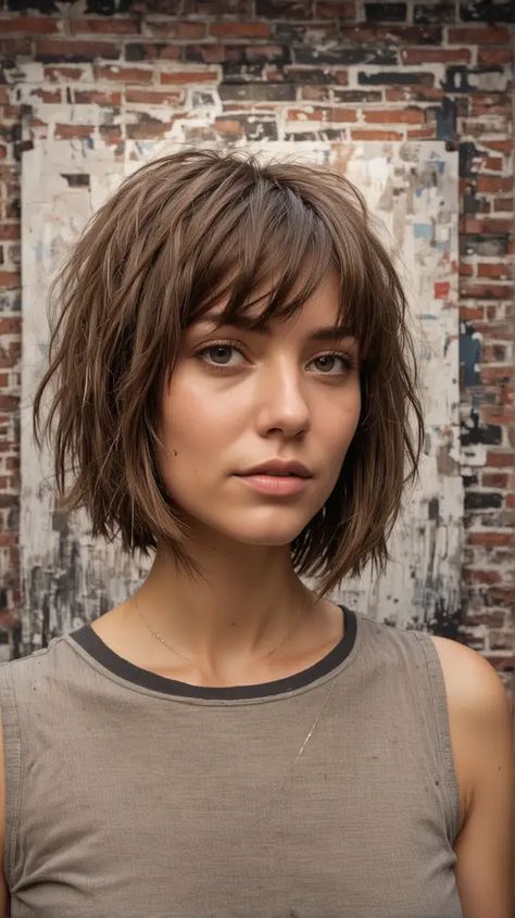 Choppy Edgy Bob, Shirt Shaggy Bob, Layered Hair Bob Short, Short Hair With Choppy Layers, Straight Shaggy Bob, Short Haircut Fine Hair Round Face, Choppy Bob With Bangs Over 40, Edgy Bobs For Fine Hair, Chin Length Shaggy Bob With Bangs