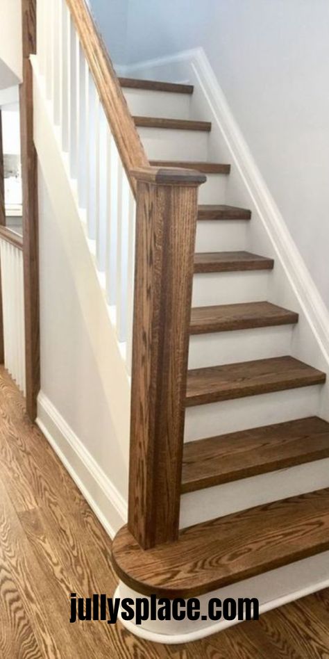 White Stair Risers vs. Wood Simple Stairs Renovation, Best Stairs Makeover Ideas, Wood Stairs With White Risers, Easy Stairs Makeover, Oak Staircase Makeover, Diy Stairs Makeover Cheap, Stairs Remodeling, Stained Staircase, White Stair Risers