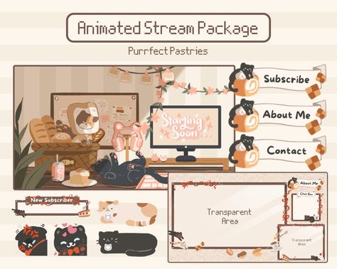 Purrfect Pastries stream package is the perfect way to show off your Twitch/Youtube gaming personality! Level up your gaming profile today with this cozy twitch overlay! You will receive: ✧ 4x Animated Screens ✧ 4x Static Screens ✧ 4x Premade Fullscreen Overlay ✧ 35x Panels ✧ 6x Animated Alerts ✧ 6x Static Alerts ✧ 6x Static Emotes ✧ 14x Labels ✧ 6x Chat Boxes ✧ 6x Camera Frames ✧ 4x Backgrounds ✧ Blank Versions Of All Labels, Panels, Boxes For You To Customize! Animated Screens are in .MP4 form Cute Twitch Overlay, Twitch Alerts, Twitch Streaming Setup, Desktop Themes, Emotes Twitch, Desktop Wallpaper Organizer, Streaming Setup, Camera Frame, Stream Overlay