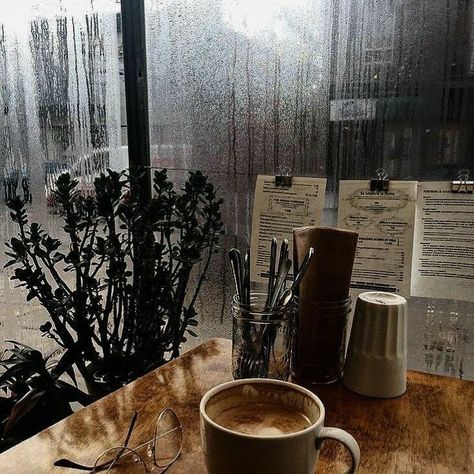 Coffee Cafe Aesthetic, Brown Edit, Rain Coffee, Cafe Icon, Cozy Travel, Rain And Coffee, Brown Cafe, Rain Aesthetic, Collage Mural