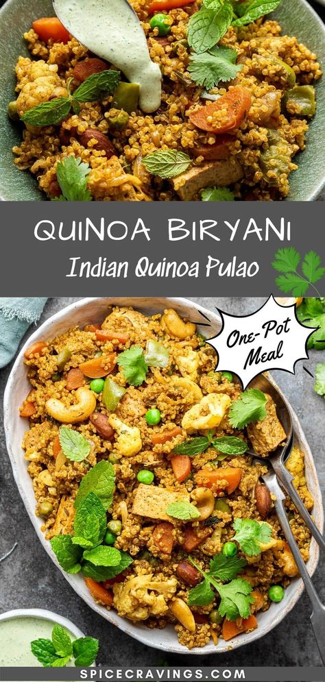 Enjoy Quinoa Biryani, a healthy one-pot meal in which quinoa and vegetables are cooked with fresh herbs and fragrant Indian spices in under 30 minutes. #quinoa #biryani #indianrecipes Quinoa Indian Recipes, Vegetarian Quinoa Recipes, Quinoa And Vegetables, Paneer Biryani, Instant Pot Quinoa, Quinoa Recipes Easy, Healthy One Pot Meals, Quinoa Dishes, Paneer Dishes