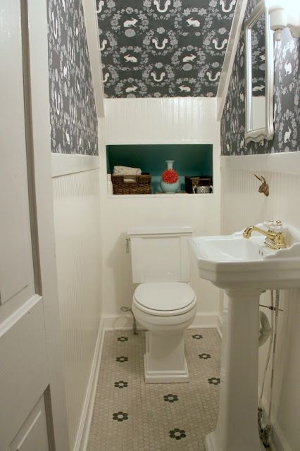 Our little Powder room under the stairs...and the makeover! Room Under Stairs, Tiny Powder Room, Bathroom Under Stairs, Powder Room Ideas, Old Country Houses, Basement Laundry Room, Powder Room Makeover, Powder Room Decor, Powder Room Design