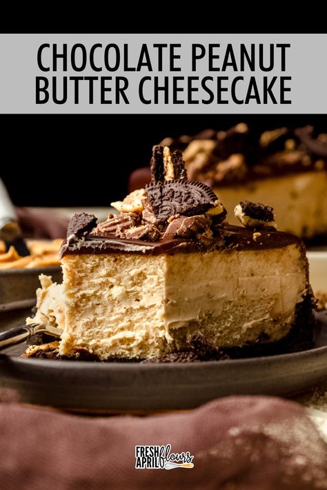 This ultra creamy peanut butter cheesecake topped with smooth chocolate ganache sits atop a peanut butter Oreo crust and gets finished with a topping of chopped peanut butter cups. Chocolate peanut butter lovers, this one is for you! via @frshaprilflours Chocolate Lovers Cheesecake, Easy Chocolate Peanut Butter Cheesecake, Peanut Butter Dessert Bars, Basic Cheesecake Recipe, Peanut Butter Cheesecake Recipes, Peanut Butter Cup Cheesecake, Dessert Cheesecake, Chocolate Peanut Butter Cheesecake, Chocolate Crumbs