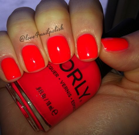 NEON nails! Orly - Red Hot. Instagram: @Lovee NailPolishandmore Red Orange Pedicure, Summer Red Nail Polish, Neon Red Orange Nails, Red Neon Nails, Neon Red Nail Polish, Orangey Red Nails, Neon Red Nails, Orange Red Nails, Summer Red Nails