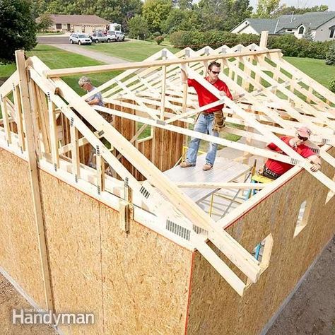 How to Build a Garage: Framing a Garage (DIY) | Family Handyman Building A Shed Roof, Diy Storage Shed Plans, Building A Storage Shed, Build A Shed, Diy Storage Shed, Shed Building, Build Your Own Shed, Shed Construction, Shed Floor