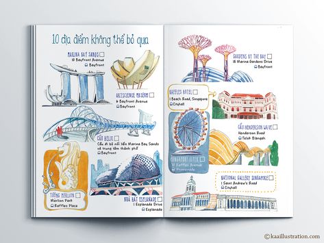 Singapore Travel Booklet on Behance Beach Travel Checklist, Travel Booklet, Beach Travel Quotes, Beach Travel Essentials, Art Markers Drawing, Singapore Art, Travel Journal Scrapbook, Travel Art Journal, Singapore Travel