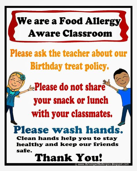 Thriving With Allergies: Food Allergy Alert Daycare/School Handouts and Pos... Allergy Alert Sign, Classroom Posters Free, Food Allergies Awareness, Daycare School, Allergy Awareness, Notes To Parents, Peanut Allergy, Classroom Signs, Allergy Free Recipes