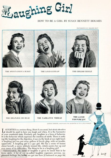 From the 1950s: How to laugh, just for girls (because what teen didn't need someone else telling her how to behave?) - #vintage #retro #50s #fifties #etiquette #laughter #lol #clickamericana How To Laugh, Awkward Girl, Nuclear Family, Wives Tales, Vintage Housewife, Keeping Up Appearances, Pamphlet Design, Etiquette And Manners, Great Expectations