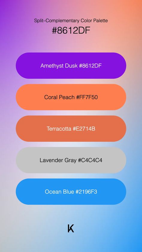 Split–Complementary Color Palette Amethyst Dusk #8612DF · Coral Peach #FF7F50 · Terracotta #E2714B · Lavender Gray #C4C4C4 · Ocean Blue #2196F3 Complementary Color Palette, Split Complementary, Split Complementary Colors, Hex Color Palette, Hex Codes, Color Meanings, Coral Peach, Hex Colors, Blue Violet