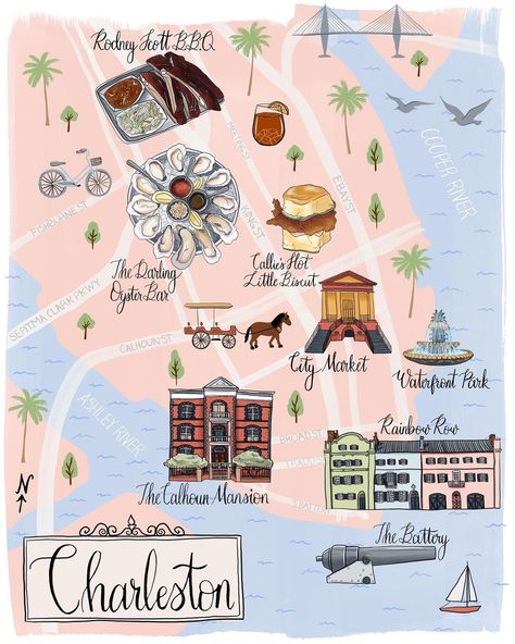 Maral Varolian on Instagram: “Here’s a fun map I illustrated of Charleston, SC over the summer! I went with my family a little over a year ago and I loved it. The food…” Rodney Scott, Illustrated Icons, City Map Drawing, Charleston Map, Map Illustrations, Food Map, City Branding, Illustrated Maps, American City