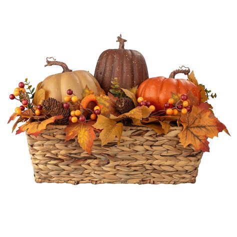 Decorate your home this Harvest season with this 14.75in Fall basket decor. This Fall themed woven basket decor features different shaped pumpkins with a mix of leaves, berries, & pinecones in traditional Fall hues. Add to your fireplace mantle, dining or coffee table to a festive flare. Holiday Living 15-in Harvest Basket Decor | 88G5780A Harvest Basket Decor, Fall Basket Decor, Coffee Table Fall Decor Ideas, Coffee Table Fall Decor, Fall Desserts Table, Wooden Fall Decor, Basket Decor Ideas, Table Fall Decor, Woven Basket Decor