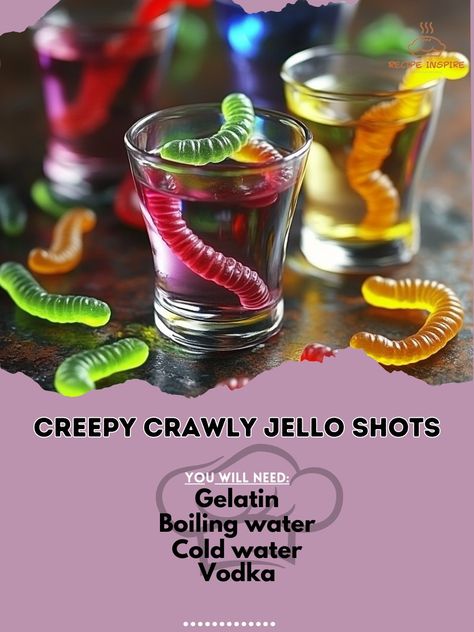 🕷️🍹 Dive into the Creepy Crawly Jello Shots – a spooky treat with a creepy twist that’s perfect for Halloween fun! 🎃👻 #CreepyCrawlyJelloShots #HalloweenTreats Creepy Crawly Jello Shots Ingredients: Gelatin (1 package) Boiling water (1 cup) Cold water (1 cup) Vodka (1 cup) Gummy worms (for garnish) Instructions: Dissolve gelatin in boiling water. Stir in cold water and vodka. Pour into shot glasses and chill until set. Garnish with gummy worms. Get ready for a spine-tingling treat with Cre... Spider Jello Shots, Vodka Gummy Worms, Spooky Halloween Treats, Culinary Techniques, Gummy Worms, Spooky Treats, Jello Shots, Quick Weeknight Meals, Recipe Boards