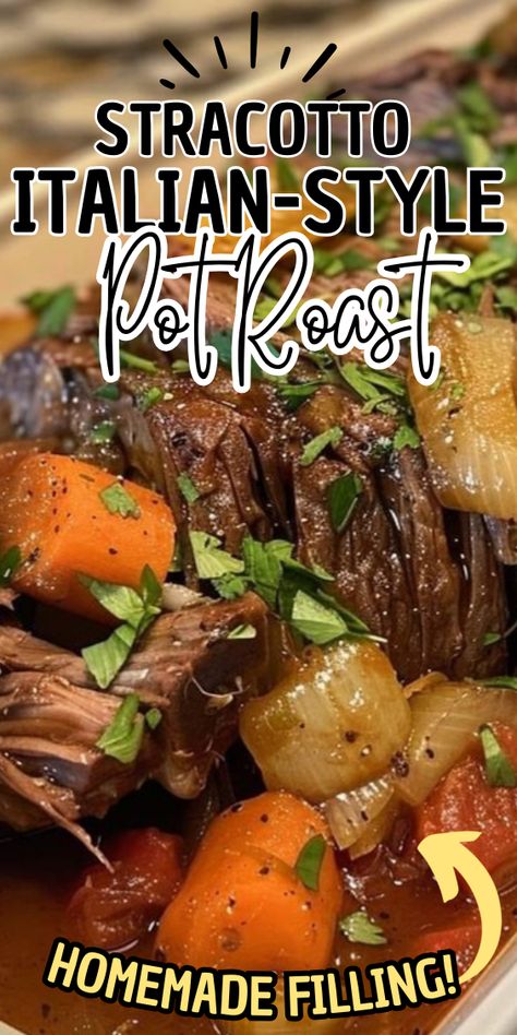 Stracotto: Italian-Style Pot Roast Italian Pot Roast Stracotto, Italian Pot Roast And Parmesan Risotto, Italian Pot Roast Oven, Roast Ideas Beef Crock Pot, Spanish Pot Roast, Pot Roast With Tomatoes, Italian Chuck Roast Crock Pot, Chuck Roast Crock Pot Recipes Italian, Italian Pot Roast (stracotto)