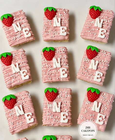 Berry First Birthday Rice Krispies, First Birthday Treat Table, Berry First Birthday Sweets Table, Berry First Birthday Dessert Ideas, Strawberry Shortcake Pretzels, Berry First Birthday Treat Table, Strawberry Shortcake Party Food, Berry First Birthday Cake Pops, Strawberry Shortcake Dessert Ideas